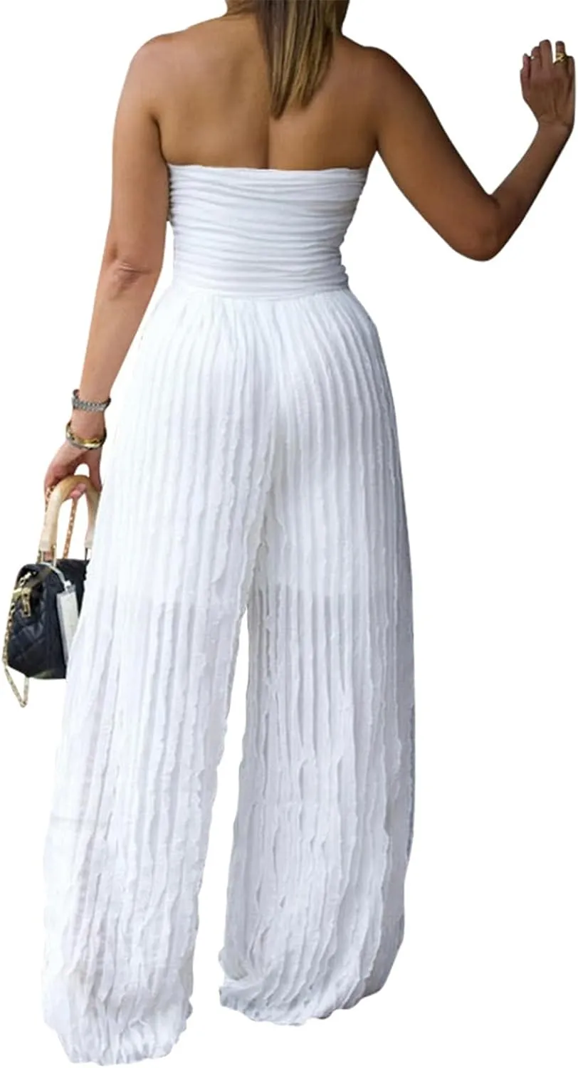 Qikaka Women's Off Shoulder Ribbed Ruffles Bodycon Wide Leg sexy Nightclub Party Jumpsuit Rompers