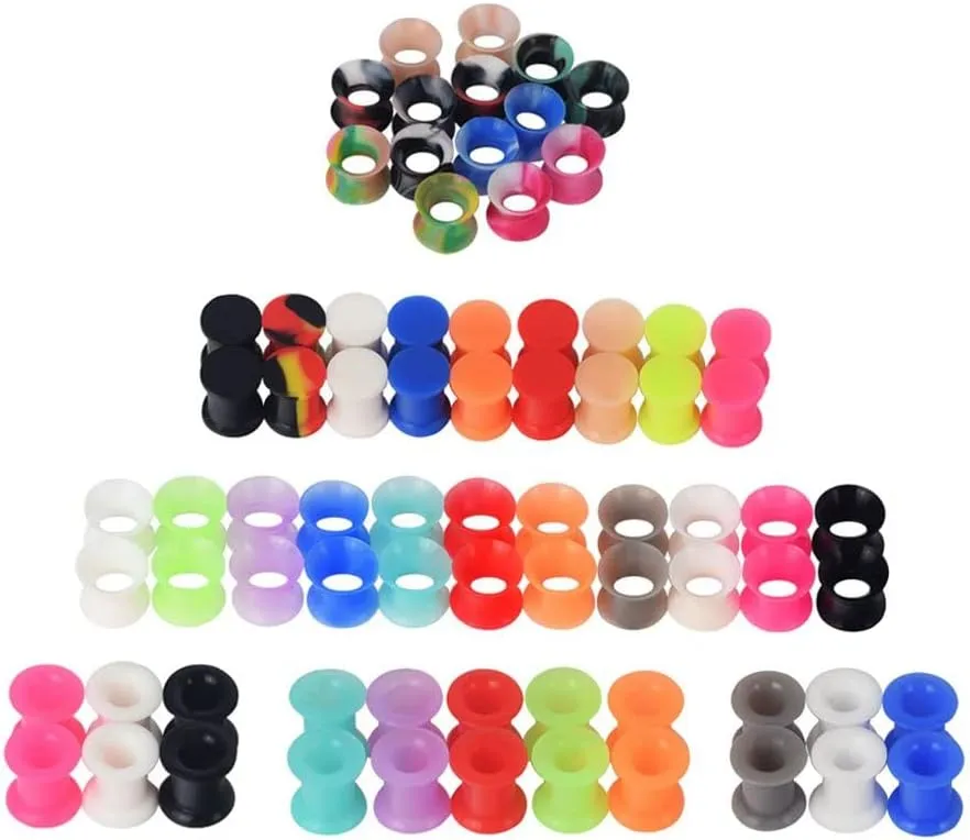 Qmcandy 12-38 Pairs Silicone Ear Tunnels Plugs Colorful Soft Flexible Hollow Saddle Silicone Gauges Ear Piercing Jewelry 2g-1 inch