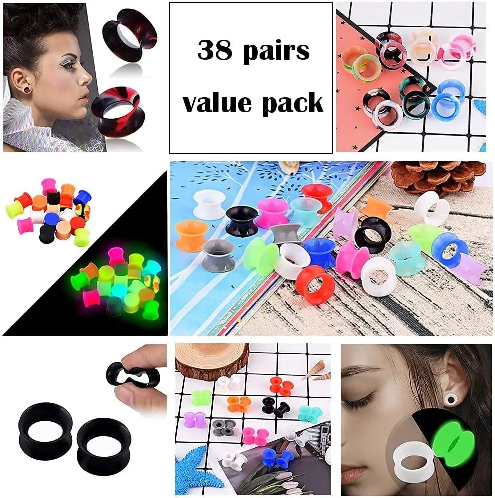 Qmcandy 12-38 Pairs Silicone Ear Tunnels Plugs Colorful Soft Flexible Hollow Saddle Silicone Gauges Ear Piercing Jewelry 2g-1 inch
