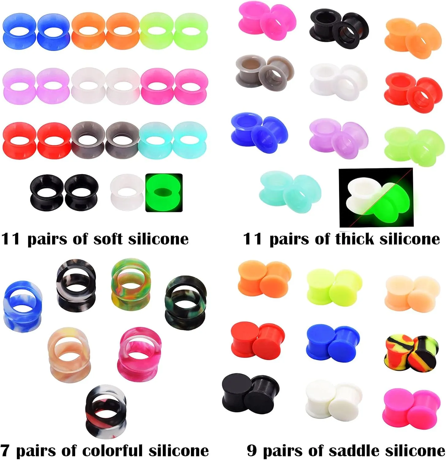 Qmcandy 12-38 Pairs Silicone Ear Tunnels Plugs Colorful Soft Flexible Hollow Saddle Silicone Gauges Ear Piercing Jewelry 2g-1 inch