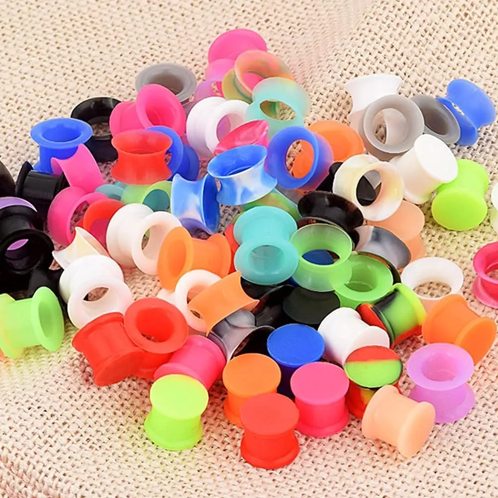 Qmcandy 12-38 Pairs Silicone Ear Tunnels Plugs Colorful Soft Flexible Hollow Saddle Silicone Gauges Ear Piercing Jewelry 2g-1 inch