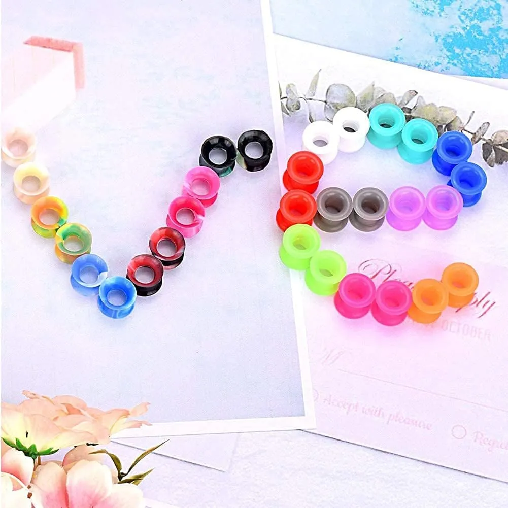 Qmcandy 12-38 Pairs Silicone Ear Tunnels Plugs Colorful Soft Flexible Hollow Saddle Silicone Gauges Ear Piercing Jewelry 2g-1 inch