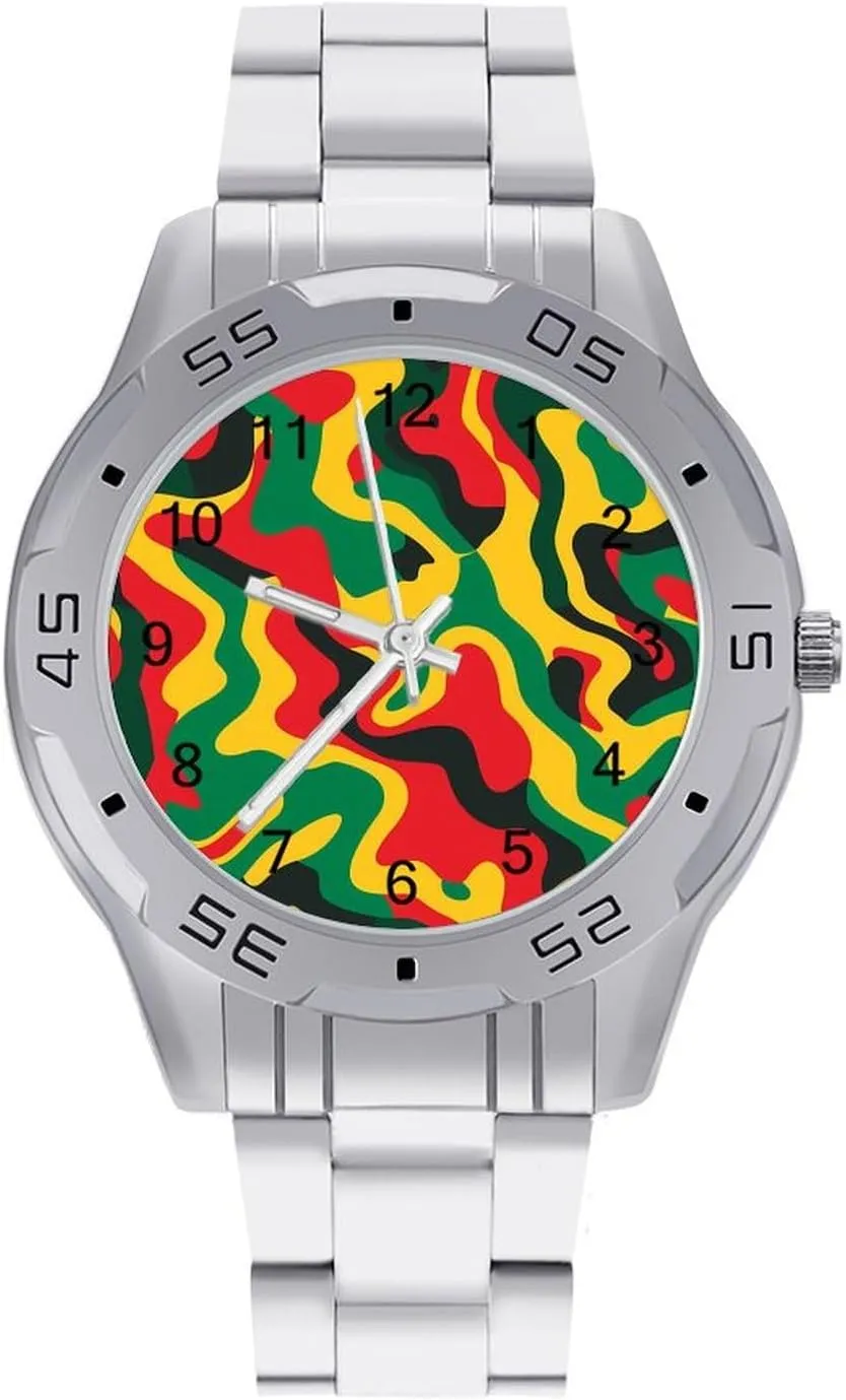 Rastafari Camouflage Classic Wrist Watches for Men Casual Business Dress Watch with Stainless Steel Band Work Party