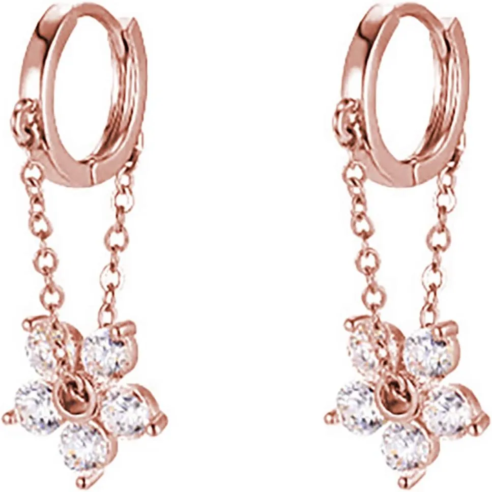 Reffeer 925 Sterling Silver Flower Chain Drop Earrings Hoop for Women Teens Huggie Hoop Dangle Earrings Chain
