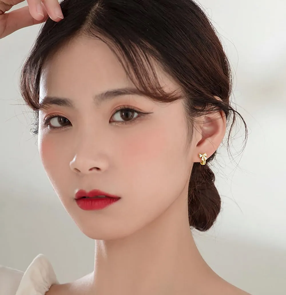 Reffeer Solid 925 Sterling Silver CZ Bow Hoop Earrings Ribbon for Women Teens Small Bowknot Hoop Earrings Cartilage