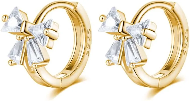 Reffeer Solid 925 Sterling Silver CZ Bow Hoop Earrings Ribbon for Women Teens Small Bowknot Hoop Earrings Cartilage