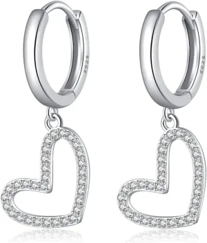 Reffeer Solid 925 Sterling Silver Love Heart Hoop Earrings Drops for Women Teens CZ Heart Hoop Earrings Huggie