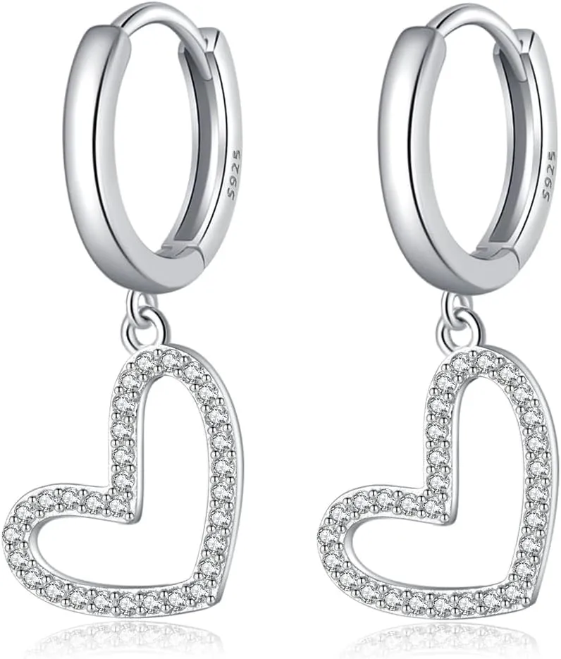 Reffeer Solid 925 Sterling Silver Love Heart Hoop Earrings Drops for Women Teens CZ Heart Hoop Earrings Huggie