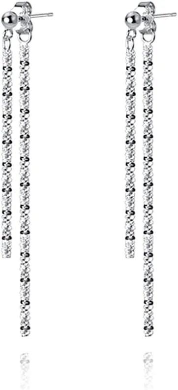 Reffeer Solid 925 Sterling Silver Tassel Chain Dangle Earrings for Women Teens Minimalist Dangle Earrings Drops