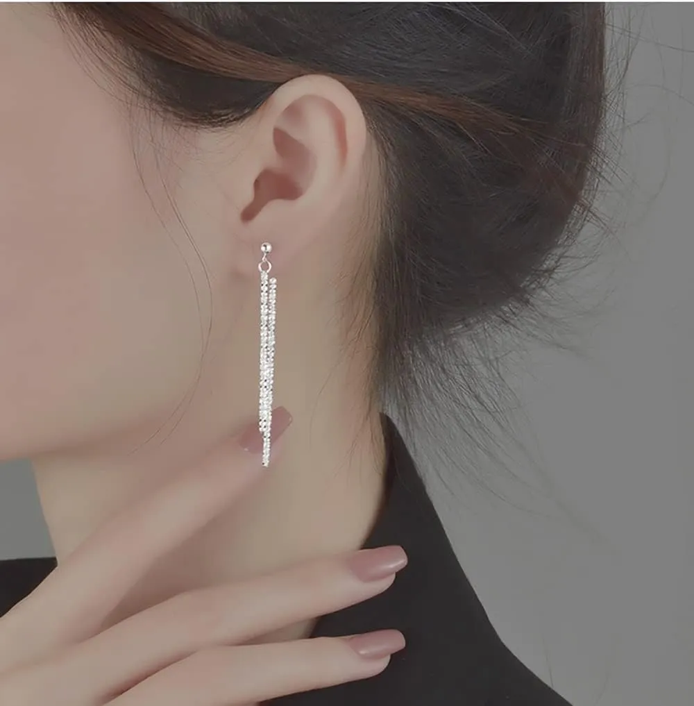 Reffeer Solid 925 Sterling Silver Tassel Chain Dangle Earrings for Women Teens Minimalist Dangle Earrings Drops