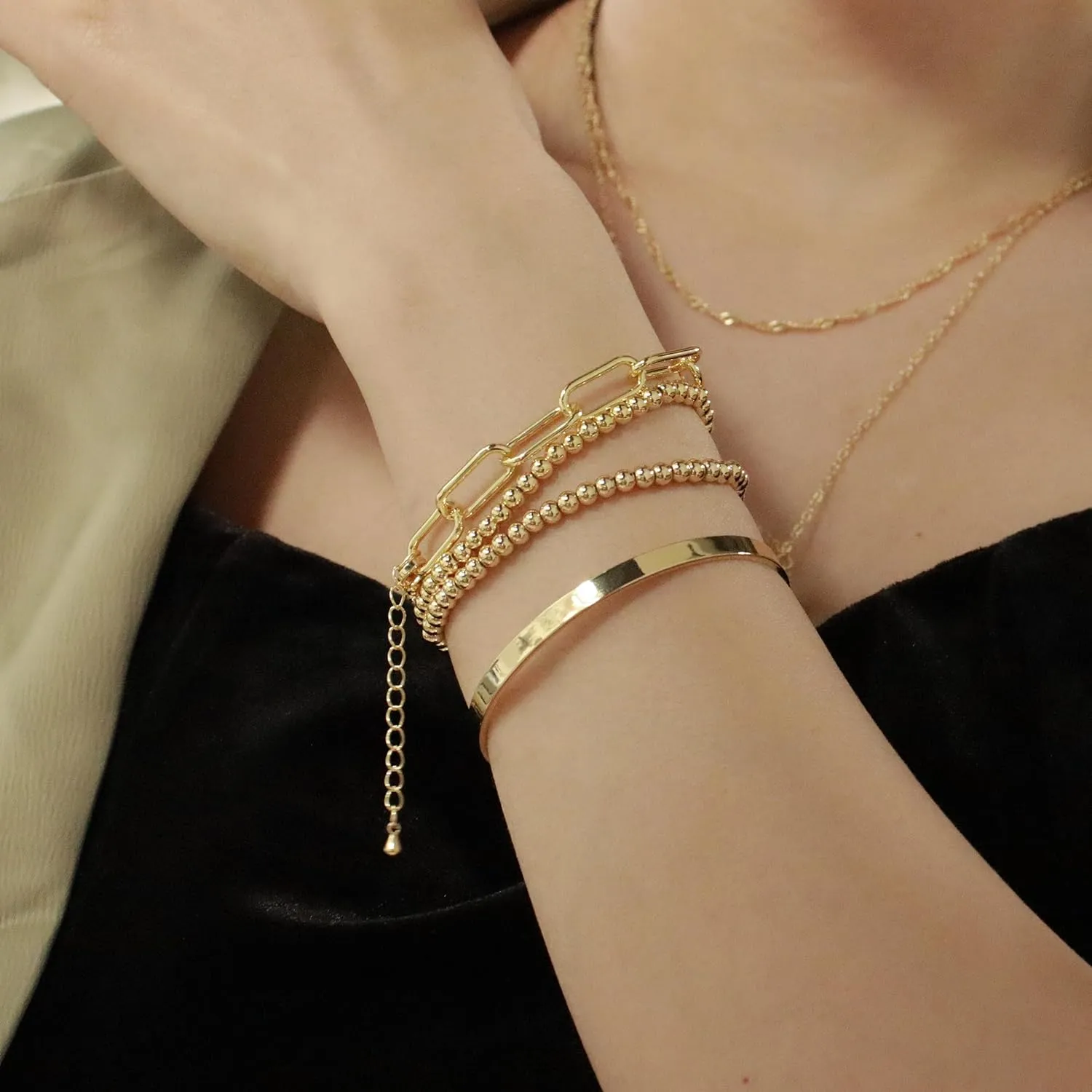 Reoxvo Gold Beaded Bracelets for Women Non Tarnish Stack 14K Gold Plated Stretch Elastic Bead Ball Bracelet Jewelry Set for Women Trendy