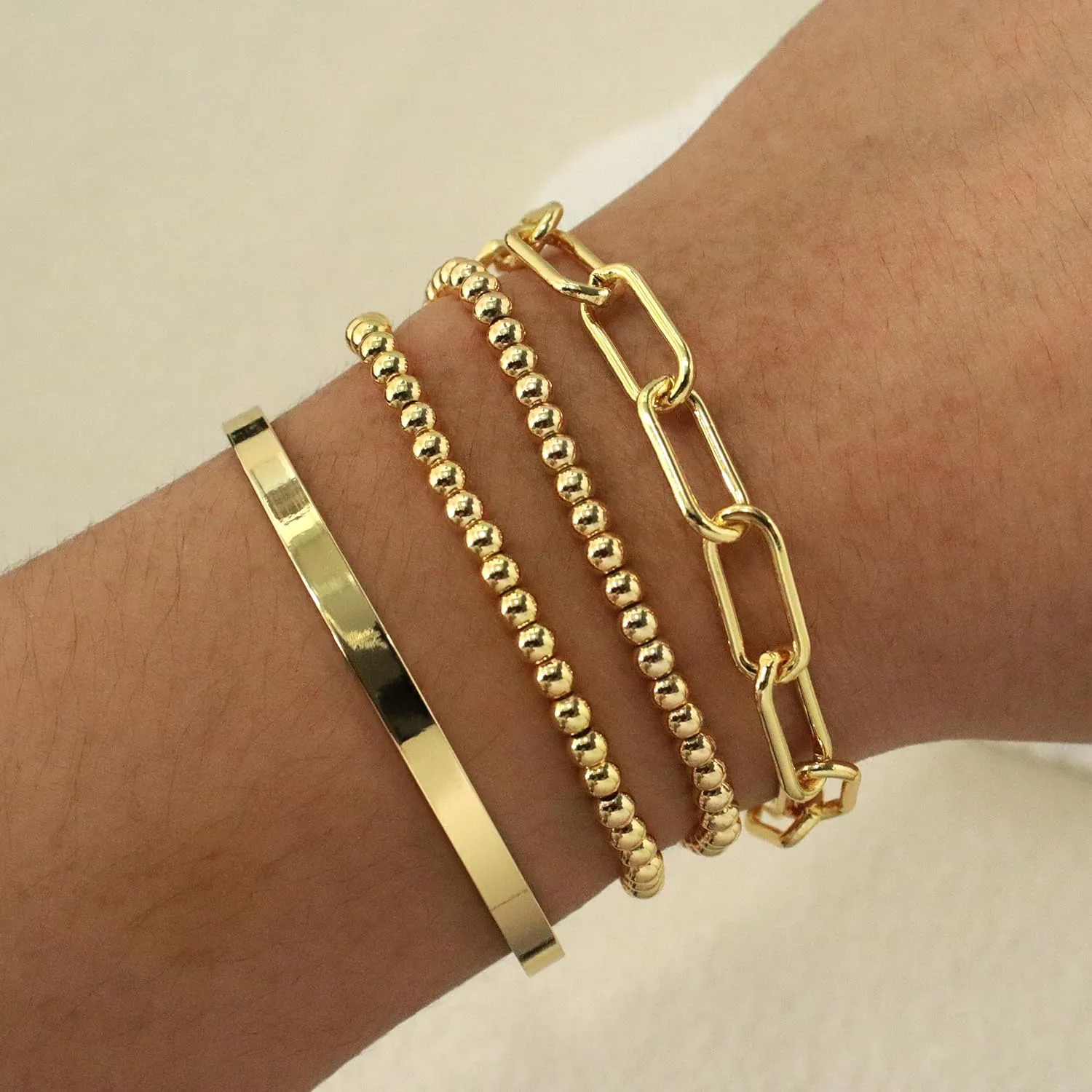 Reoxvo Gold Beaded Bracelets for Women Non Tarnish Stack 14K Gold Plated Stretch Elastic Bead Ball Bracelet Jewelry Set for Women Trendy