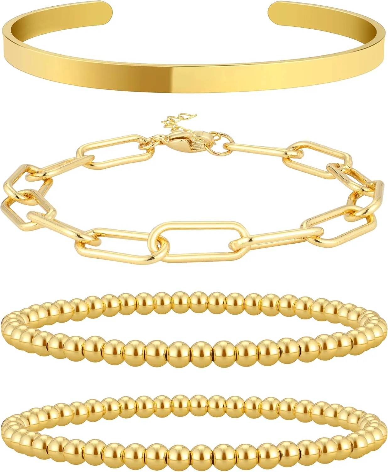 Reoxvo Gold Beaded Bracelets for Women Non Tarnish Stack 14K Gold Plated Stretch Elastic Bead Ball Bracelet Jewelry Set for Women Trendy