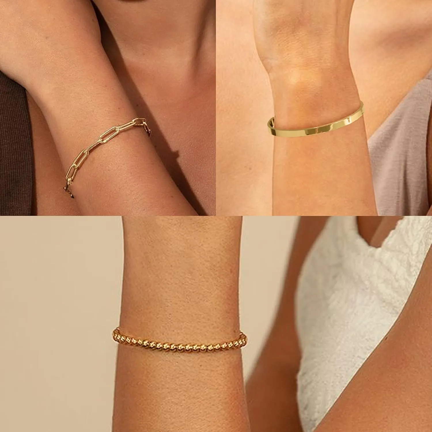 Reoxvo Gold Beaded Bracelets for Women Non Tarnish Stack 14K Gold Plated Stretch Elastic Bead Ball Bracelet Jewelry Set for Women Trendy