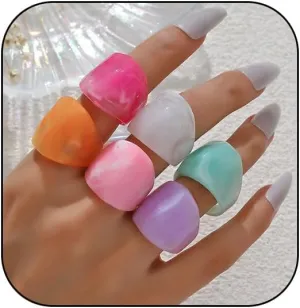 Resin Chunky Rings for Women Multicolor Acrylic Plastic Rings Set Cute Trendy Aesthetic Y2k Statement Rings Thick Dome Heart Knuckle Finger Jewelry
