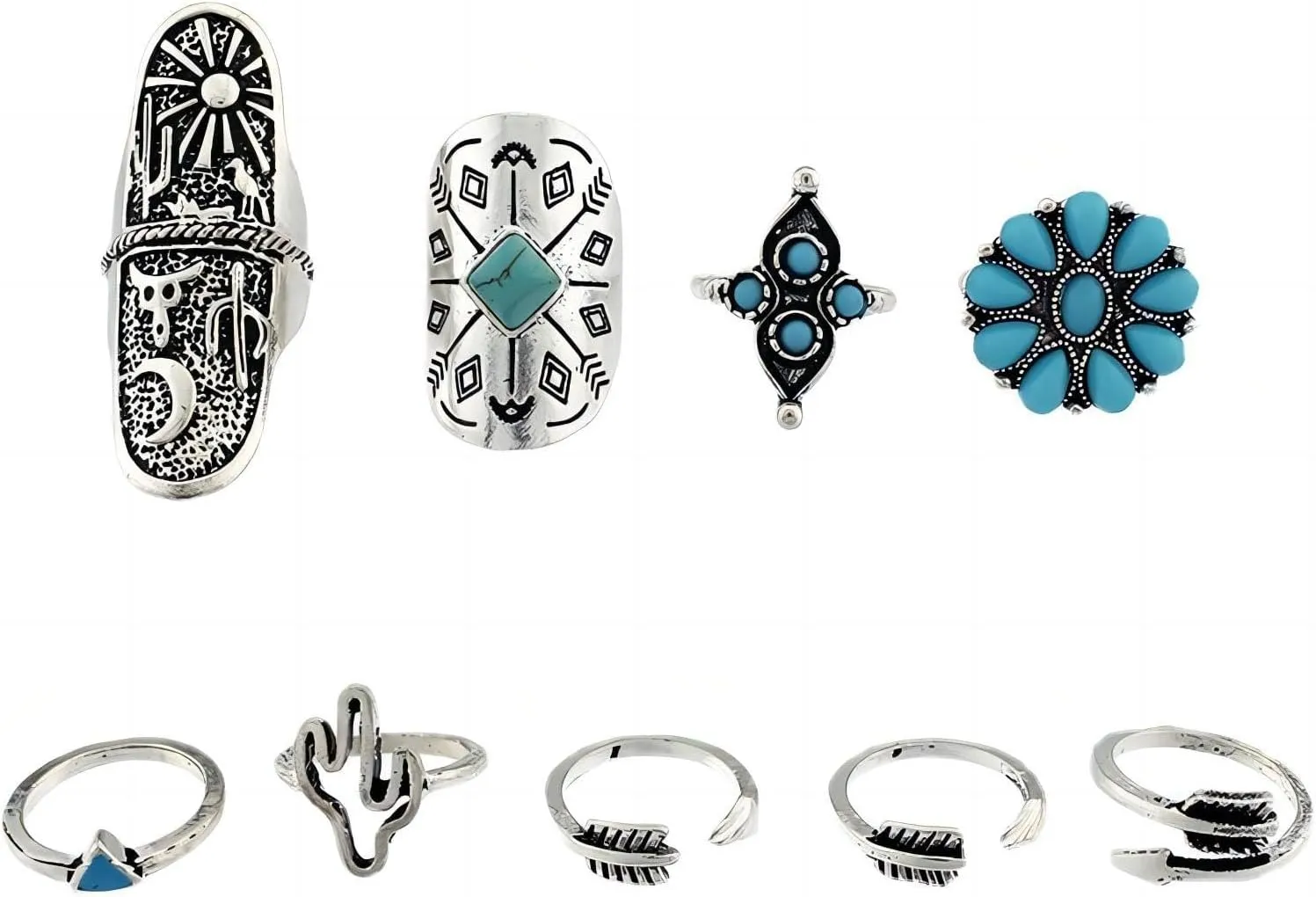 Retro Silver Stackable Rings Sets for Women Vintage Western Rings Bohemian Stackable Joint Finger Rings Chunky Faux Turquoise Ring Set