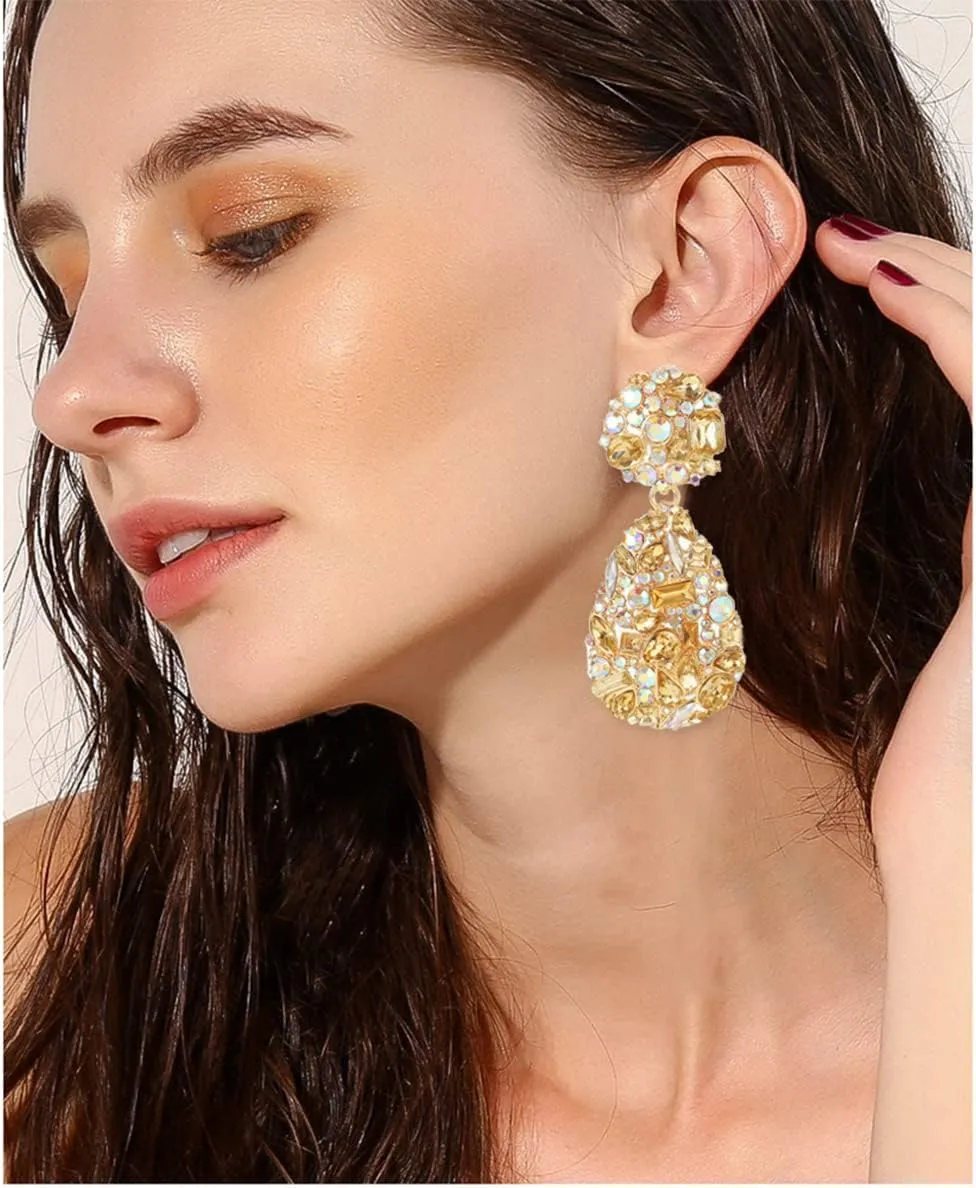 Rhinestone Statement Earrings Teardrop Costume Earrings Cluster Crystal Chandelier Drop Dangle Earrings for Women