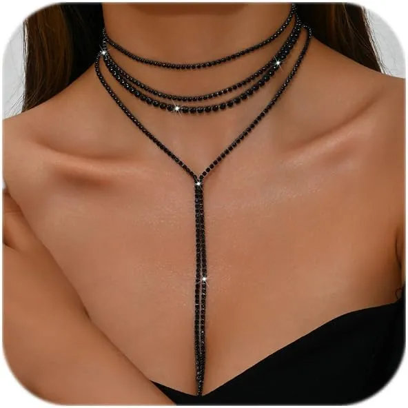 Rhinestone Statement Necklace Layered Sexy Choker Necklace Long Layered Necklaces for Women Multilayered Y Long Rhinestones Choker Necklaces