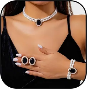 Rhinestone Wedding Jewelry Set for Women Bridal Jewelry Sets Pearl Necklace Earrings Bracelet Set Rhinestone Crystal Bride Statement Necklace Christmas Party Prom Jewelry Set