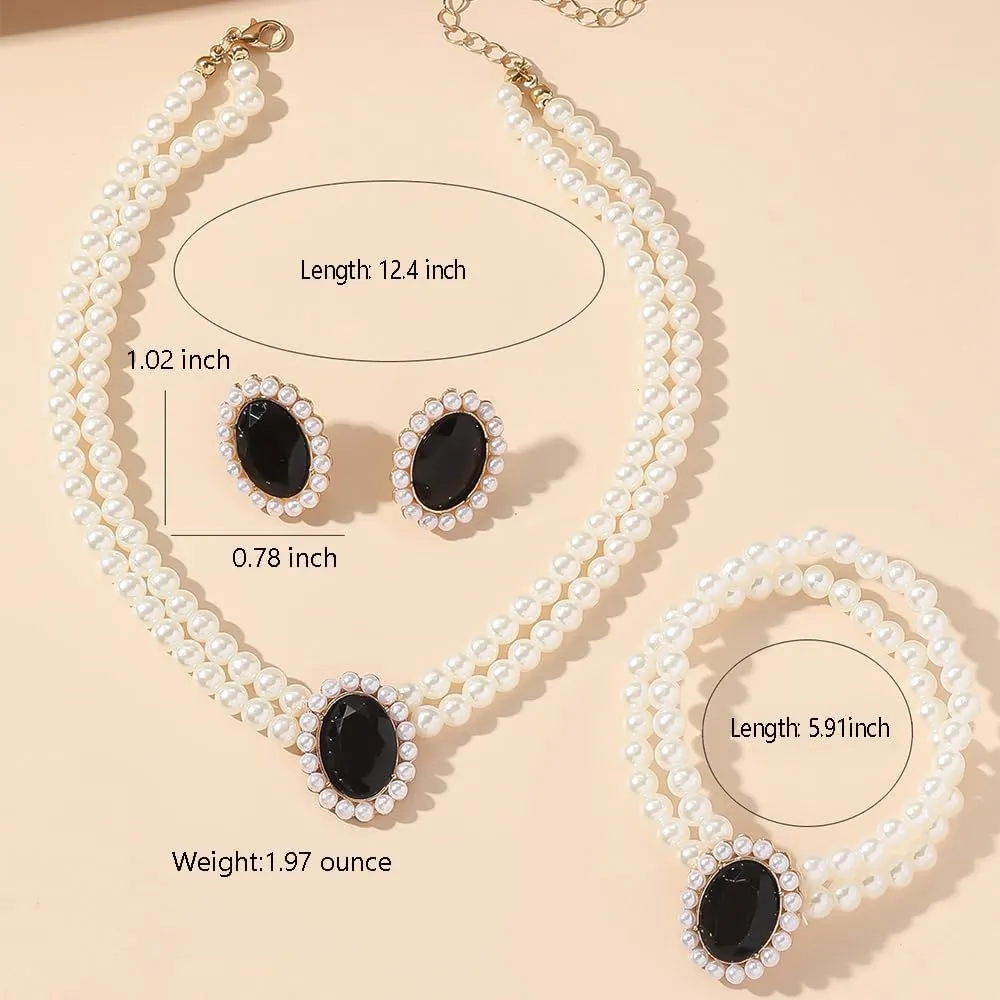 Rhinestone Wedding Jewelry Set for Women Bridal Jewelry Sets Pearl Necklace Earrings Bracelet Set Rhinestone Crystal Bride Statement Necklace Christmas Party Prom Jewelry Set