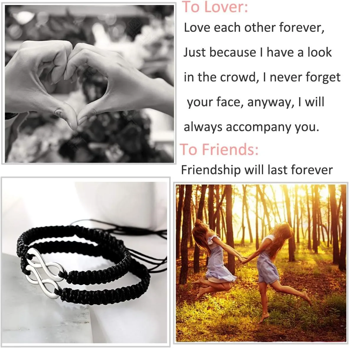 RINHOO 2PC/Set Stainless Steel 8 Infinity Couple Bracelet Braided Leather Rope Bangle Wrist Adjustable Chain Fit 7-9 Inch for Lover Friendship