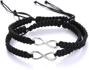 RINHOO 2PC/Set Stainless Steel 8 Infinity Couple Bracelet Braided Leather Rope Bangle Wrist Adjustable Chain Fit 7-9 Inch for Lover Friendship