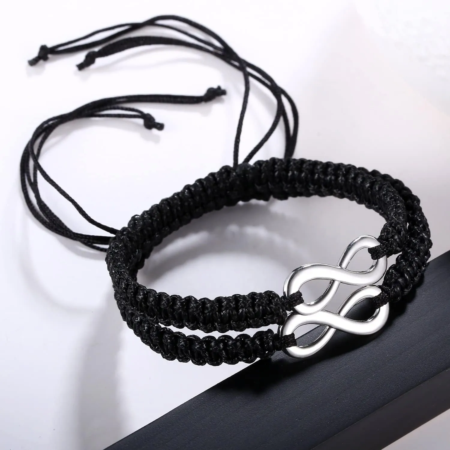 RINHOO 2PC/Set Stainless Steel 8 Infinity Couple Bracelet Braided Leather Rope Bangle Wrist Adjustable Chain Fit 7-9 Inch for Lover Friendship