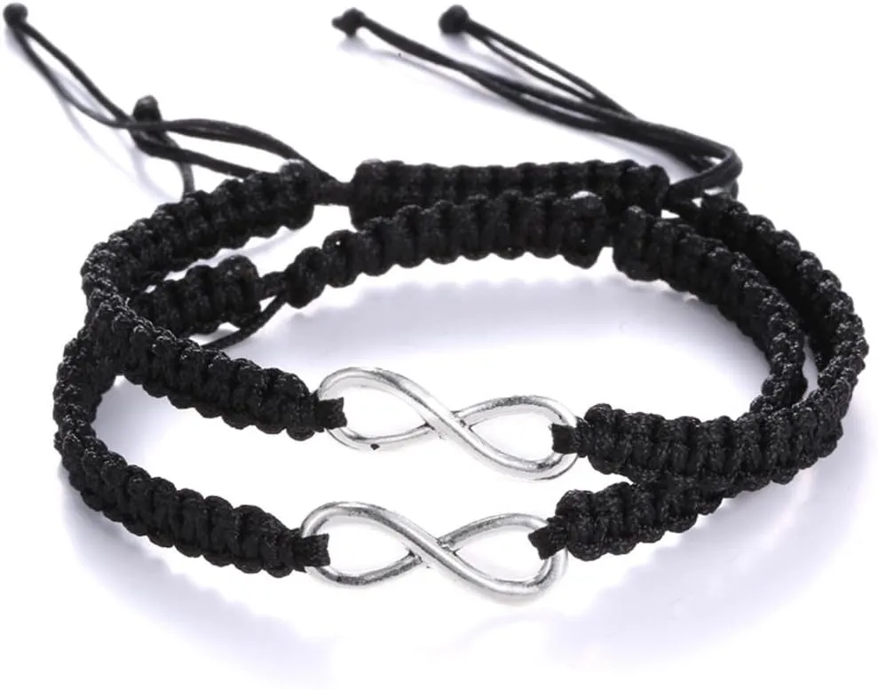 RINHOO 2PC/Set Stainless Steel 8 Infinity Couple Bracelet Braided Leather Rope Bangle Wrist Adjustable Chain Fit 7-9 Inch for Lover Friendship