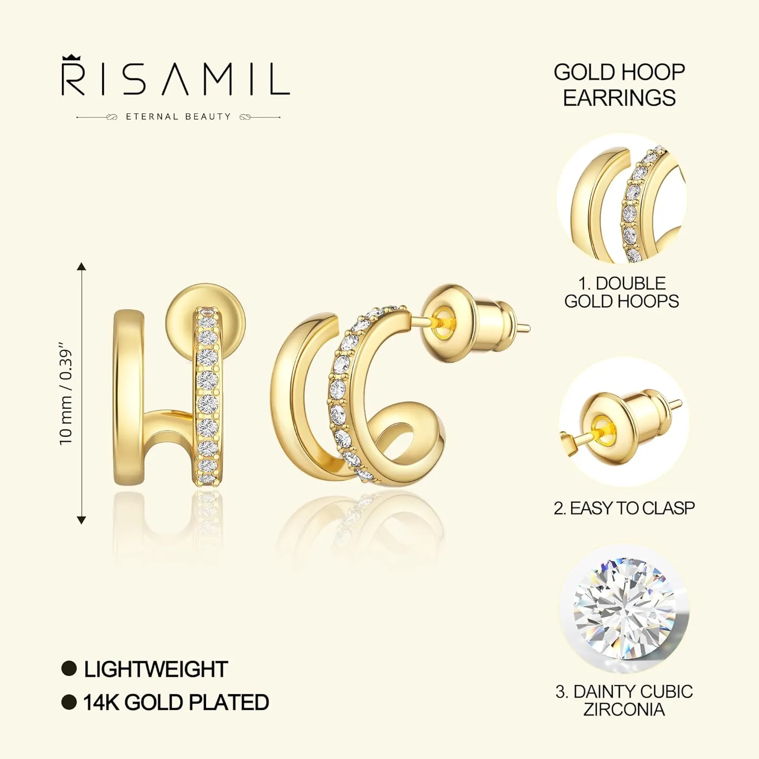 Risamilo Gold Earrings for Women Dainty Cubic Zirconia Studs Small Hoops Lightweight Trendy Jewelry Gift