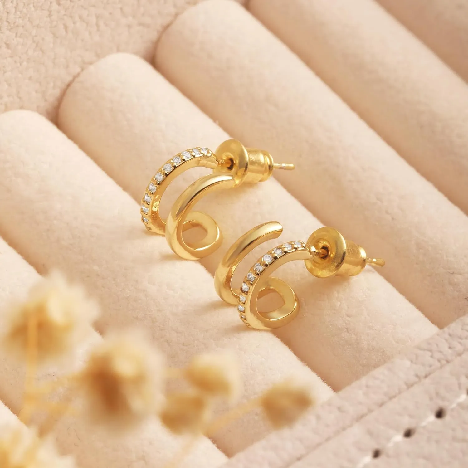 Risamilo Gold Earrings for Women Dainty Cubic Zirconia Studs Small Hoops Lightweight Trendy Jewelry Gift