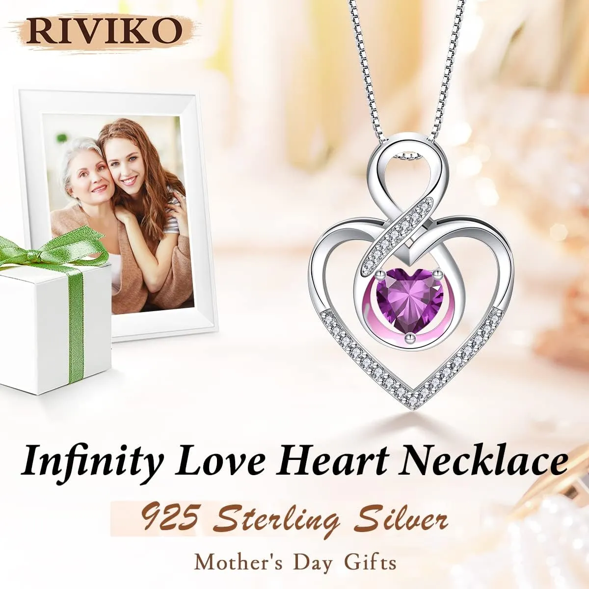 RIVIKO Infinity Heart Symbol Necklace for Women 925 Sterling Silver Love Heart Pendant Valentine's Day Mother's Day Anniversary Birthday Christmas Jewelry Gifts for Women Mom Wife Sister Her Friends