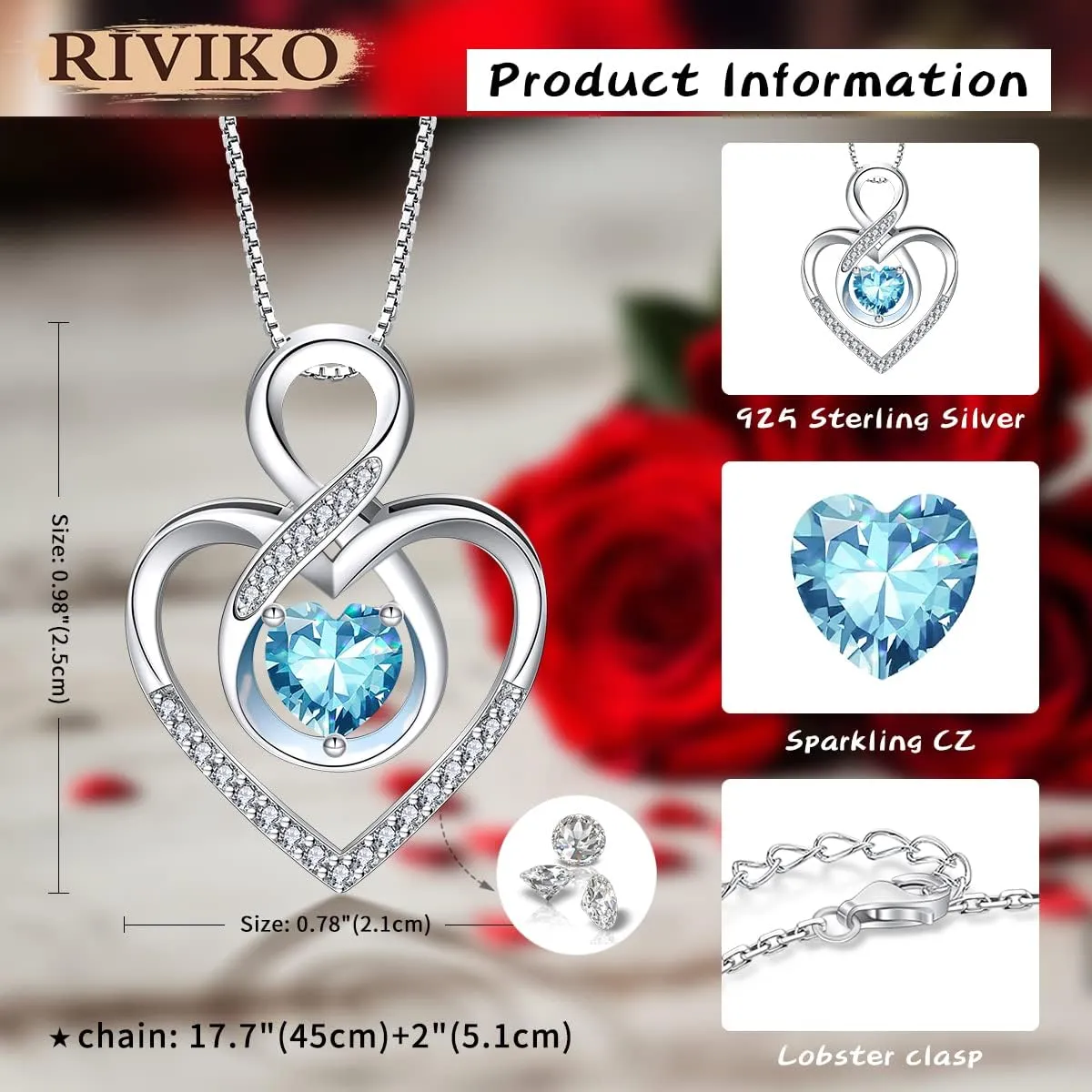 RIVIKO Infinity Heart Symbol Necklace for Women 925 Sterling Silver Love Heart Pendant Valentine's Day Mother's Day Anniversary Birthday Christmas Jewelry Gifts for Women Mom Wife Sister Her Friends