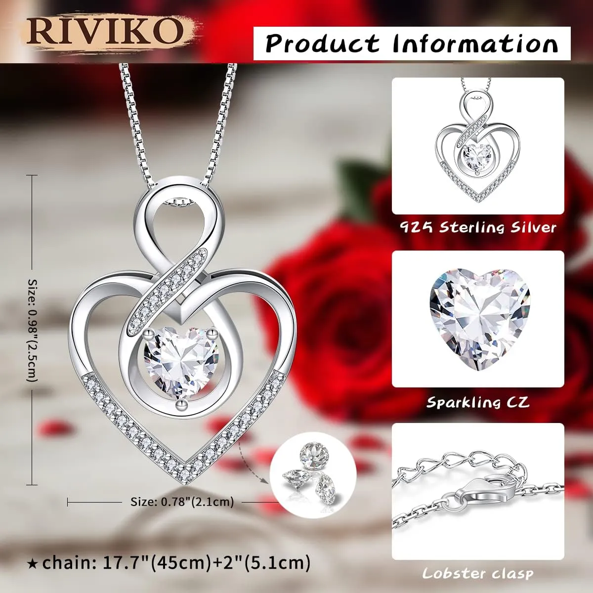 RIVIKO Infinity Heart Symbol Necklace for Women 925 Sterling Silver Love Heart Pendant Valentine's Day Mother's Day Anniversary Birthday Christmas Jewelry Gifts for Women Mom Wife Sister Her Friends