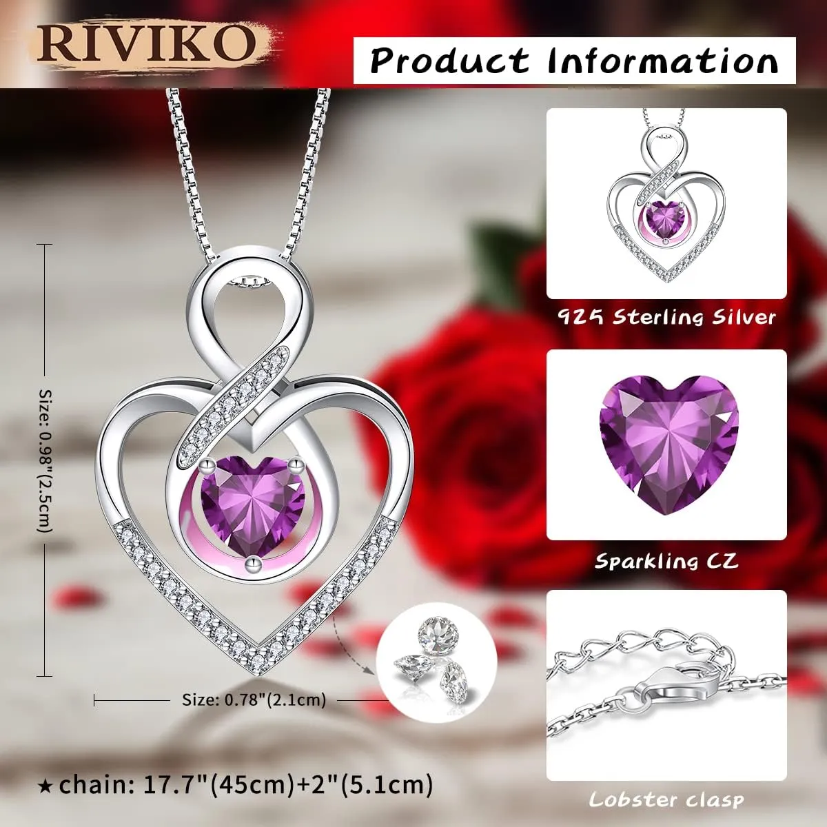 RIVIKO Infinity Heart Symbol Necklace for Women 925 Sterling Silver Love Heart Pendant Valentine's Day Mother's Day Anniversary Birthday Christmas Jewelry Gifts for Women Mom Wife Sister Her Friends