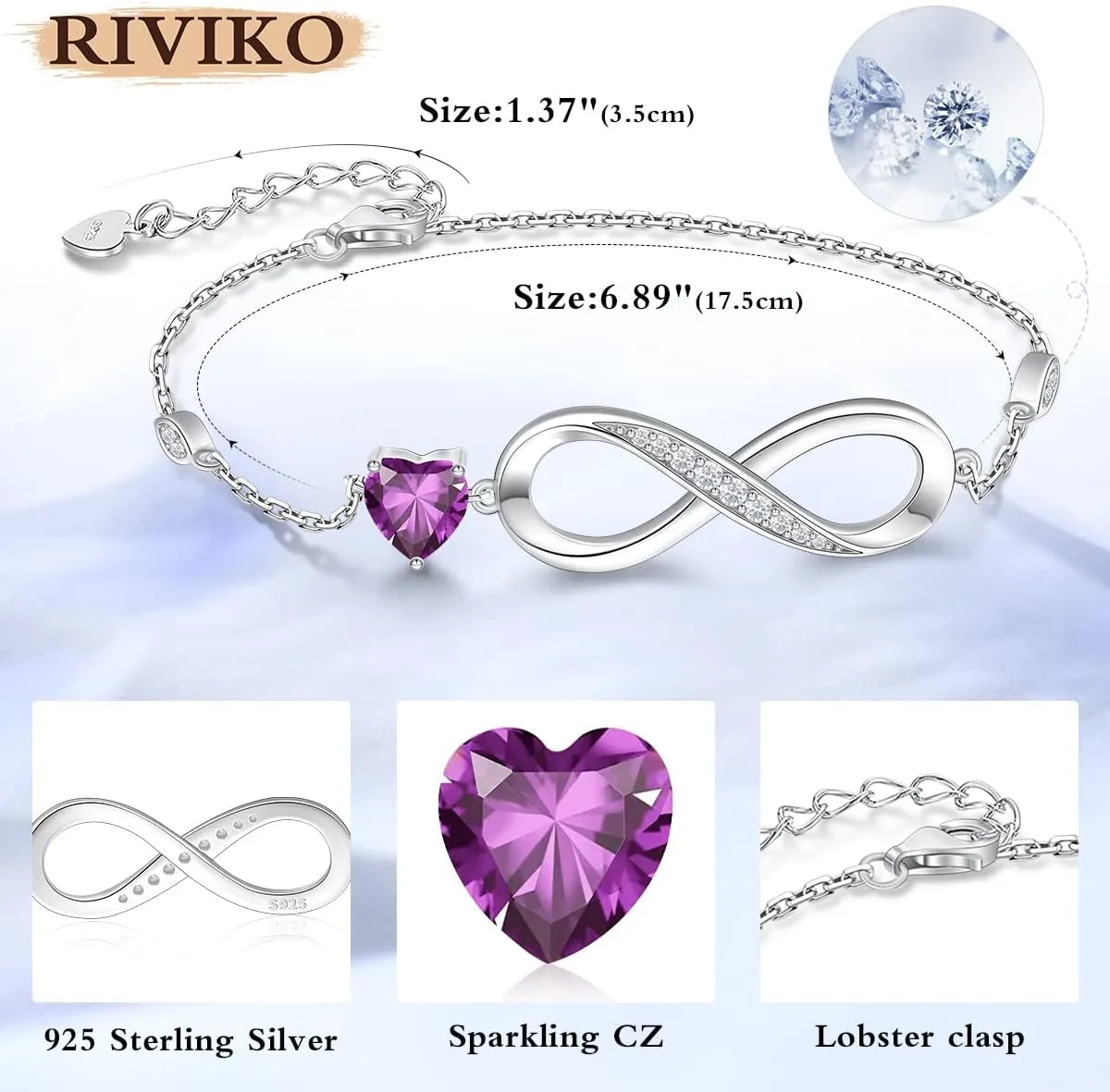 RIVIKO Infinity Love Heart Symbol Charm Bracelet for Women 925 Sterling Silver Adjustable Birthday Valentines Day Christmas Mothers Day Jewelry Gift for Mom Women Wife Her Friends