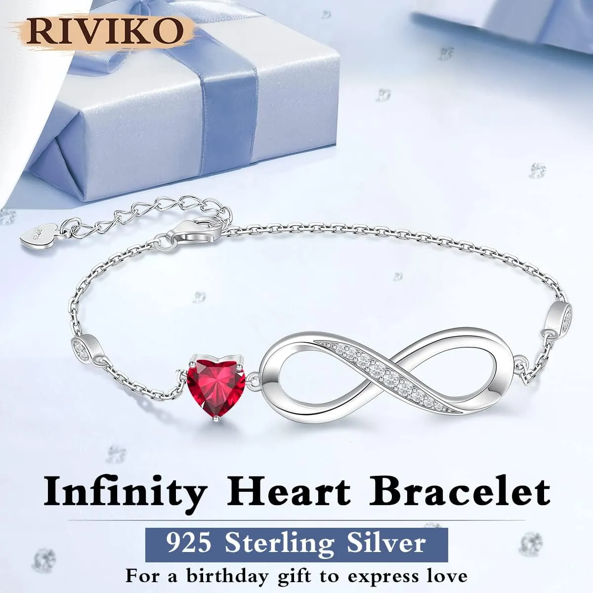 RIVIKO Infinity Love Heart Symbol Charm Bracelet for Women 925 Sterling Silver Adjustable Birthday Valentines Day Christmas Mothers Day Jewelry Gift for Mom Women Wife Her Friends