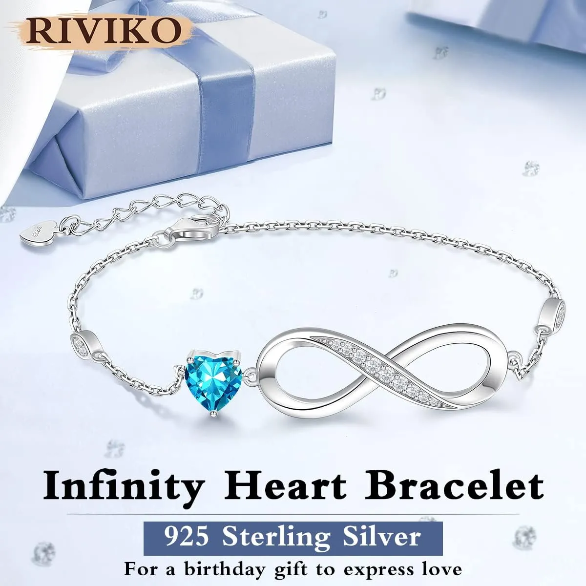RIVIKO Infinity Love Heart Symbol Charm Bracelet for Women 925 Sterling Silver Adjustable Birthday Valentines Day Christmas Mothers Day Jewelry Gift for Mom Women Wife Her Friends