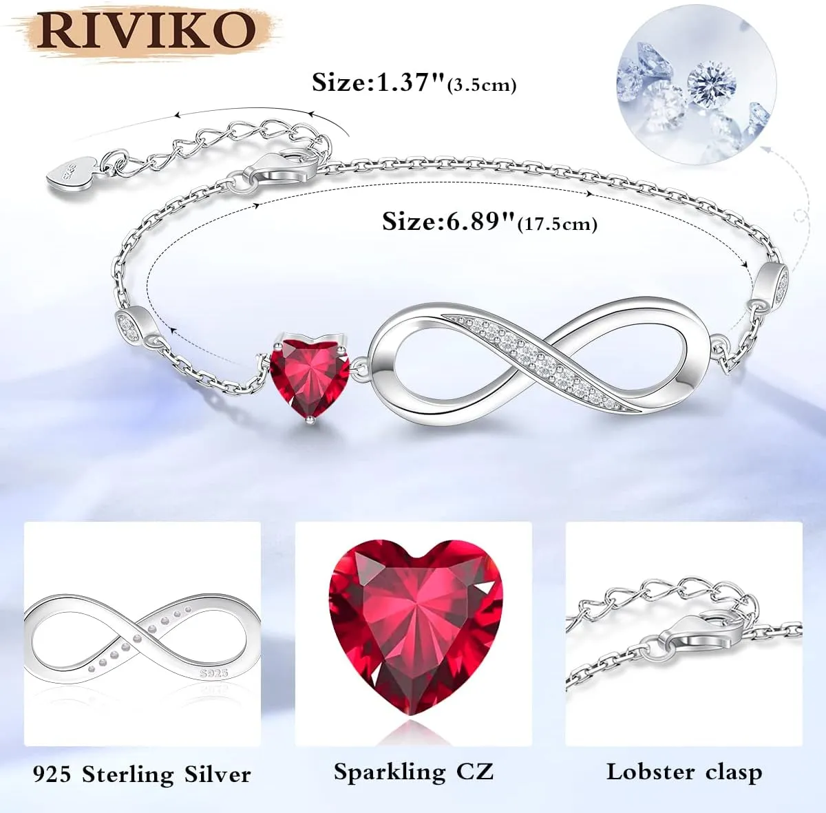 RIVIKO Infinity Love Heart Symbol Charm Bracelet for Women 925 Sterling Silver Adjustable Birthday Valentines Day Christmas Mothers Day Jewelry Gift for Mom Women Wife Her Friends