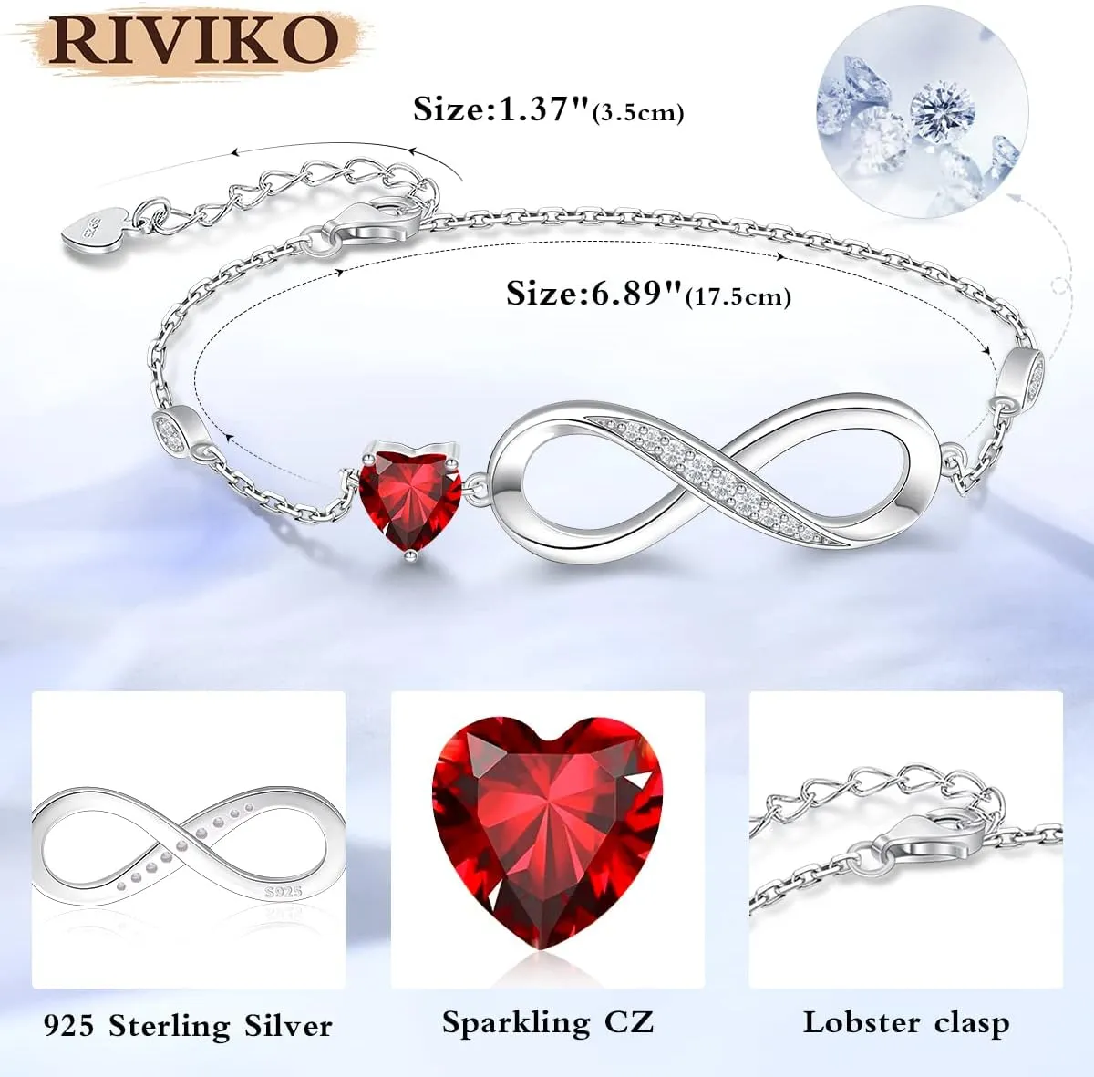 RIVIKO Infinity Love Heart Symbol Charm Bracelet for Women 925 Sterling Silver Adjustable Birthday Valentines Day Christmas Mothers Day Jewelry Gift for Mom Women Wife Her Friends