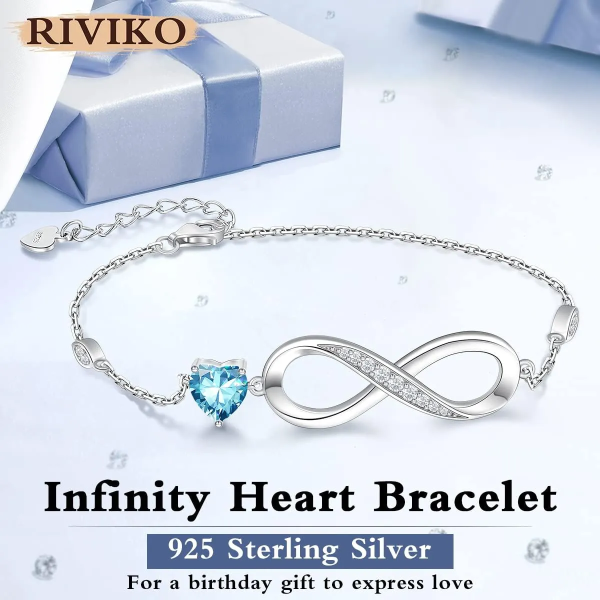 RIVIKO Infinity Love Heart Symbol Charm Bracelet for Women 925 Sterling Silver Adjustable Birthday Valentines Day Christmas Mothers Day Jewelry Gift for Mom Women Wife Her Friends
