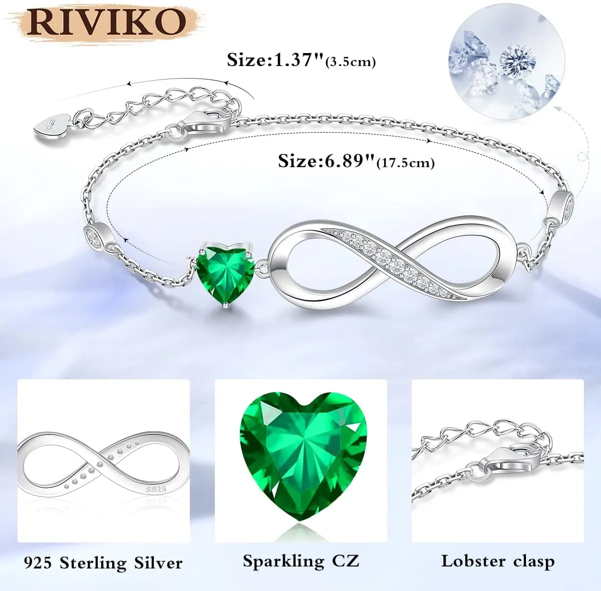 RIVIKO Infinity Love Heart Symbol Charm Bracelet for Women 925 Sterling Silver Adjustable Birthday Valentines Day Christmas Mothers Day Jewelry Gift for Mom Women Wife Her Friends