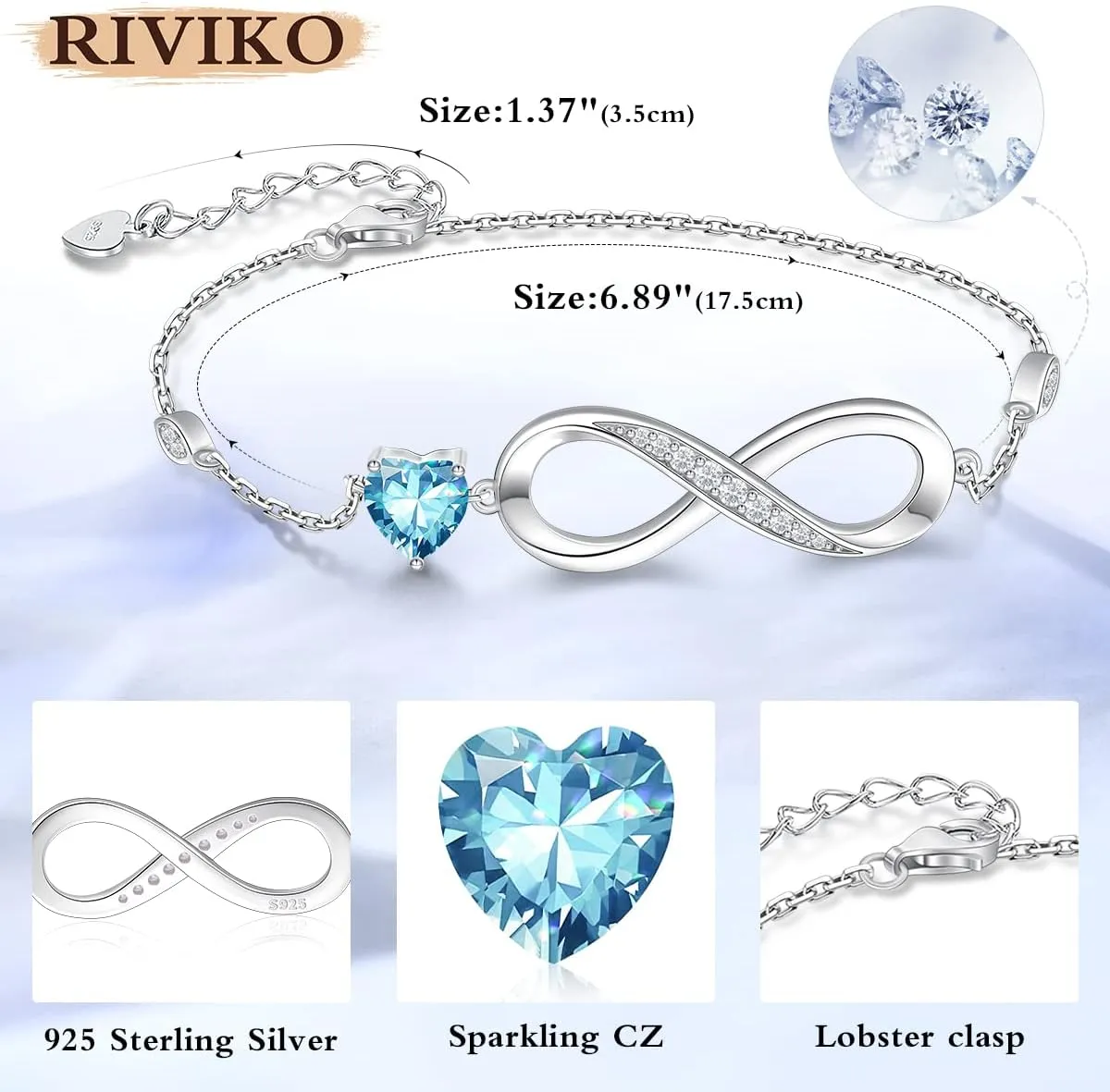 RIVIKO Infinity Love Heart Symbol Charm Bracelet for Women 925 Sterling Silver Adjustable Birthday Valentines Day Christmas Mothers Day Jewelry Gift for Mom Women Wife Her Friends