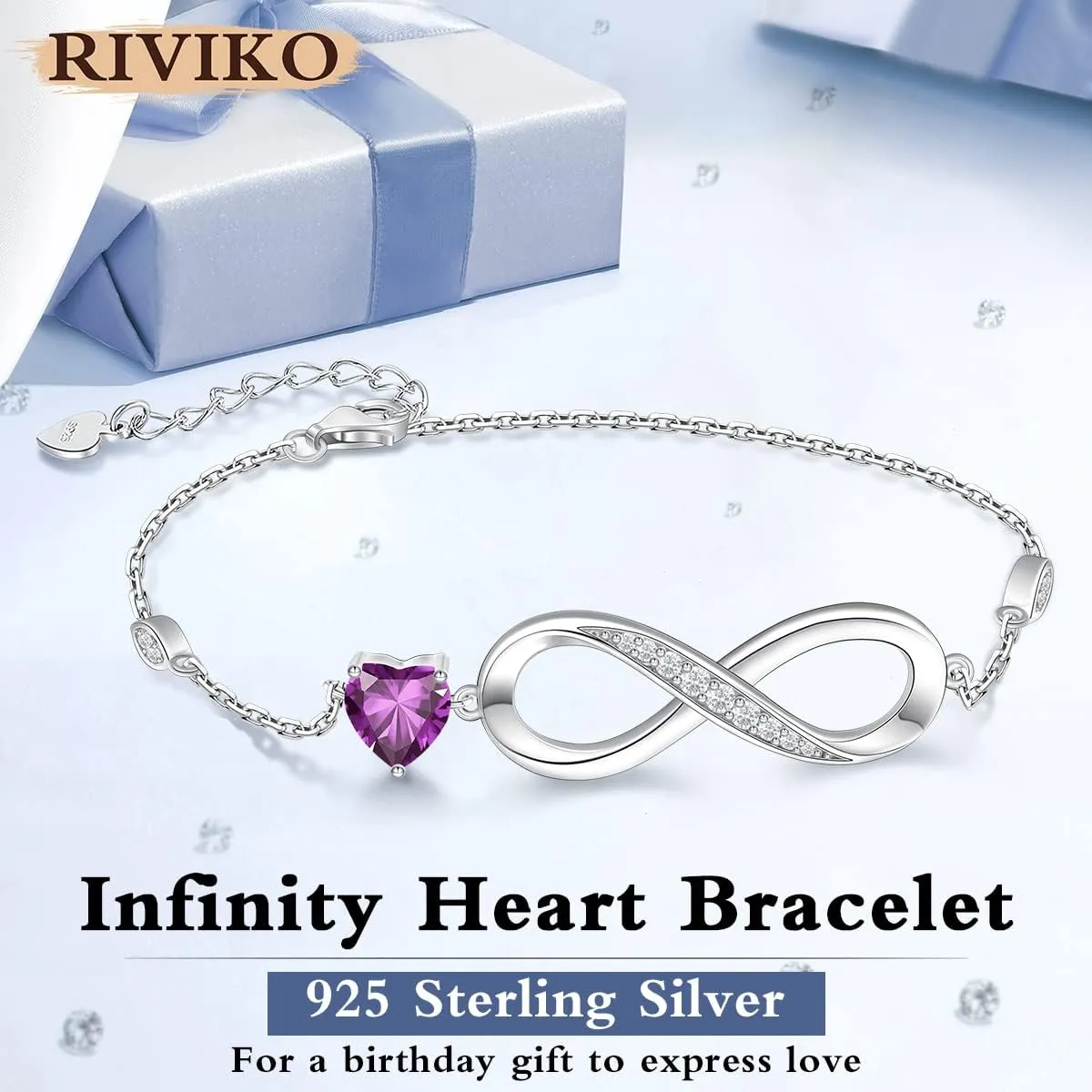 RIVIKO Infinity Love Heart Symbol Charm Bracelet for Women 925 Sterling Silver Adjustable Birthday Valentines Day Christmas Mothers Day Jewelry Gift for Mom Women Wife Her Friends