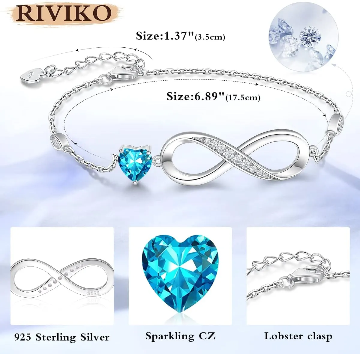 RIVIKO Infinity Love Heart Symbol Charm Bracelet for Women 925 Sterling Silver Adjustable Birthday Valentines Day Christmas Mothers Day Jewelry Gift for Mom Women Wife Her Friends