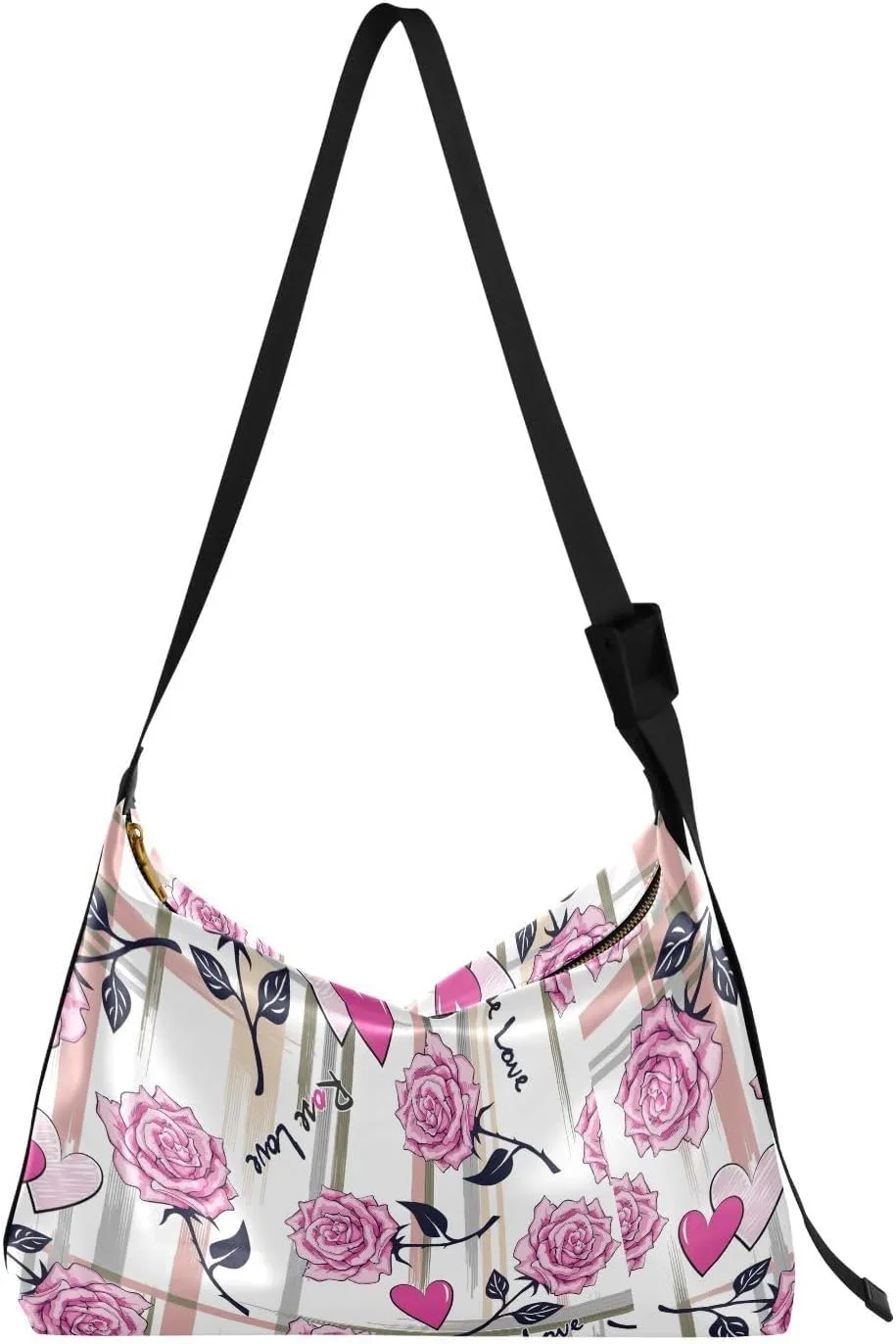 Romantic Pink Roses Hearts Hobo Crossbody Bags for Women Leather Large Shoulder Bag Cross Body Spring Flower Trendy Womens Tote Bags Handbag for Travel Shopping