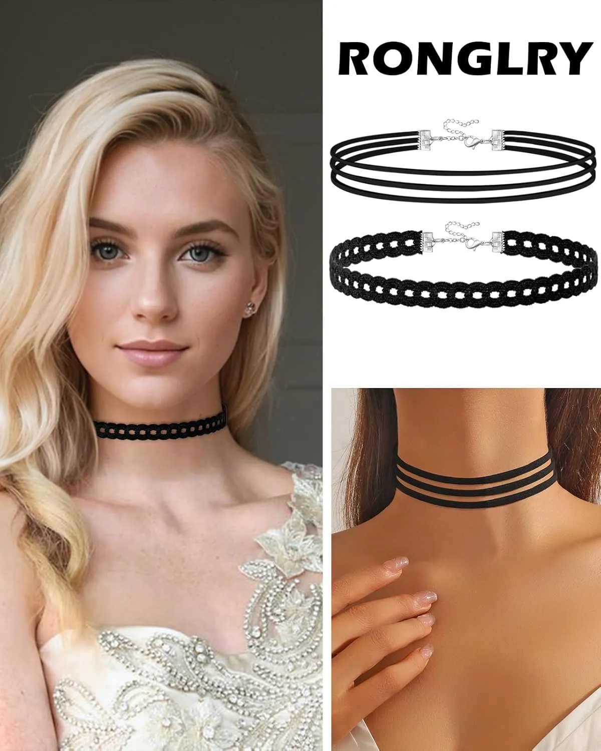 Ronglry 3pcs Black Choker Necklace for Women Black Velvet Choker Set Layered Black Choker Necklaces Classic Chokers for Women Adjustable Gothic Lace Black Collar Necklace for Party Cosplay Christmas Birthday Jewelry Gifts