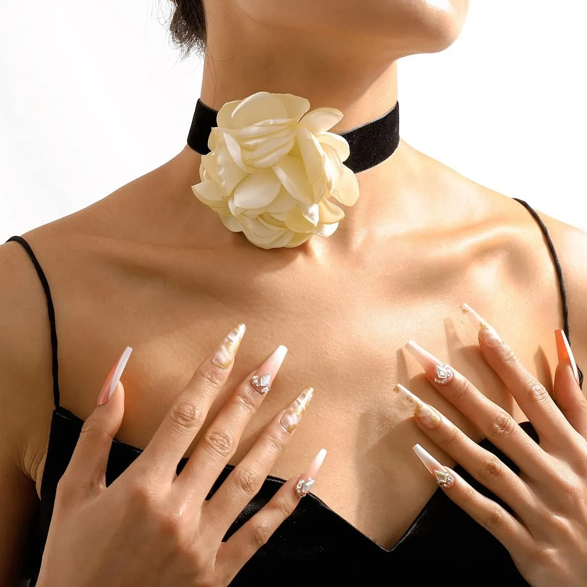 Rose Black Velvet Floral Choker Necklace - Camellia Daisy Rosette - Spring Summer Flower Jewelry