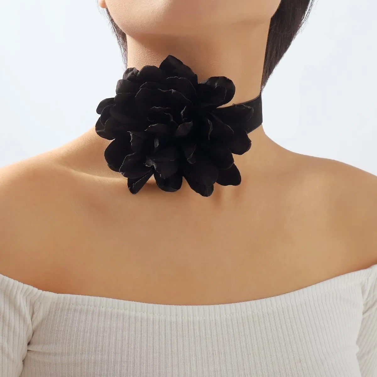 Rose Black Velvet Floral Choker Necklace - Camellia Daisy Rosette - Spring Summer Flower Jewelry