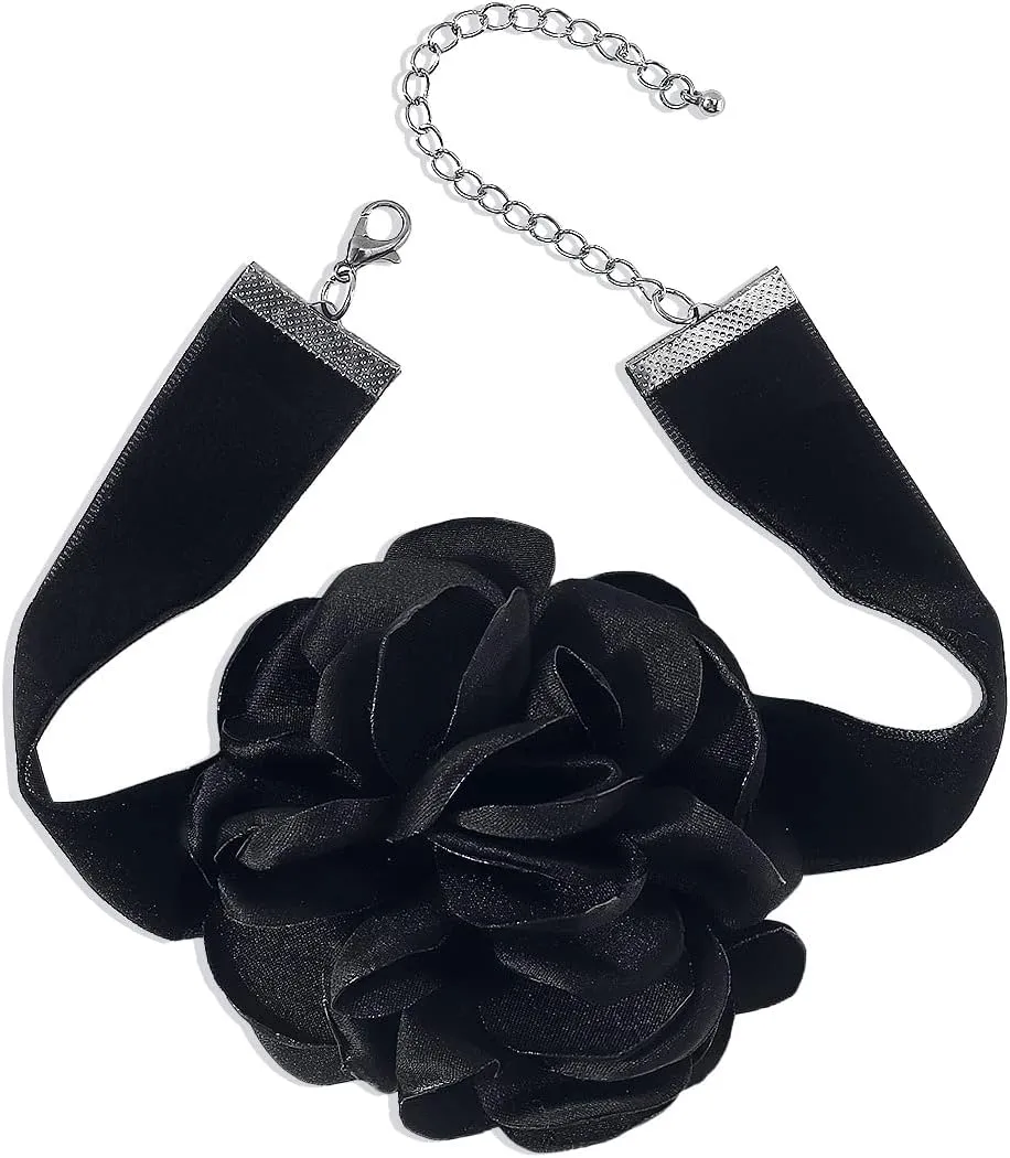 Rose Black Velvet Floral Choker Necklace - Camellia Daisy Rosette - Spring Summer Flower Jewelry