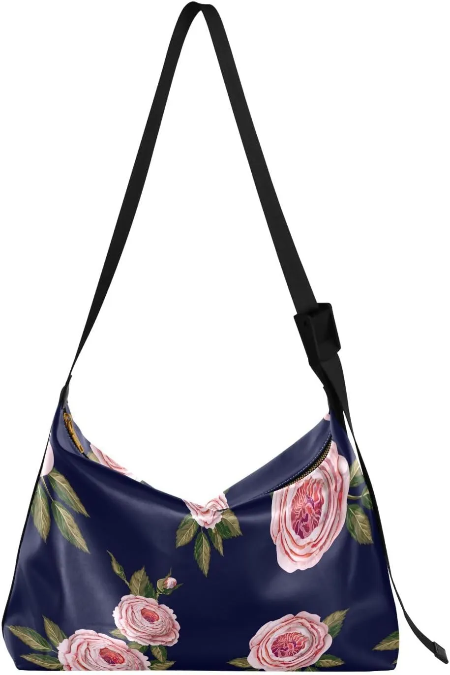 Roses on A Blue Background Hobo Crossbody Bags for Women Leather Large Shoulder Bag Cross Body Trendy Womens Tote Bags Handbag for Travel Shopping